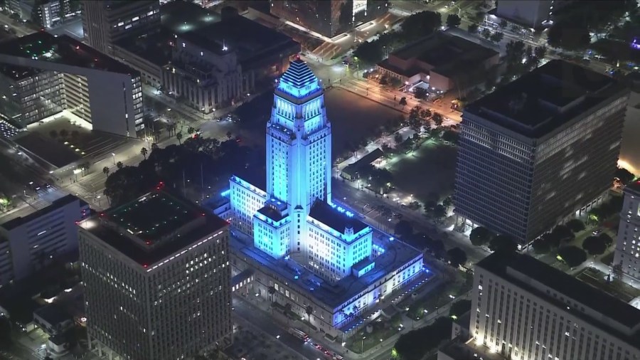 L.A. City Hall lit up in blue to celebrate the Dodgers' World Series win on Oct. 30, 2024. (KTLA)