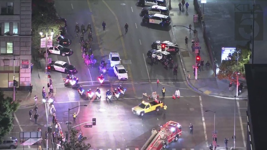 Fans celebrating the Dodgers' World Series win on Oct. 30, 2024. (KTLA)