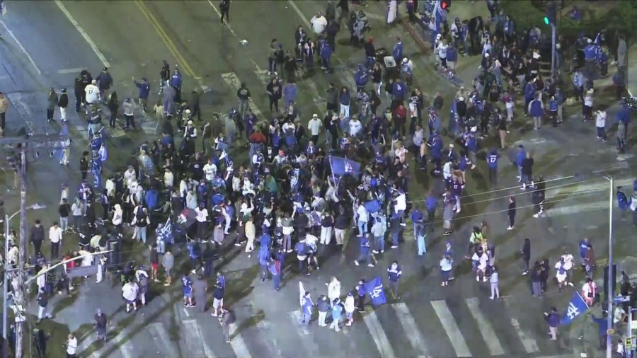 Fans celebrating the Dodgers' World Series win on Oct. 30, 2024. (KTLA)