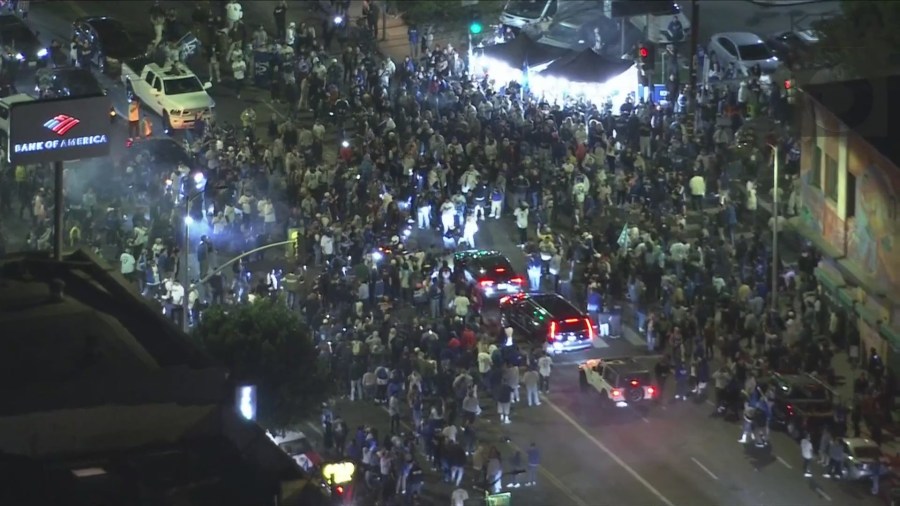 Fans celebrating the Dodgers' World Series win on Oct. 30, 2024. (KTLA)