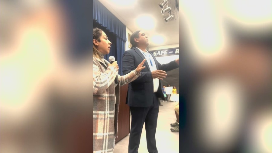 Sandra Aguilar speaks at a town hall meeting at Frisbie Middle School in Rialto to address parental concerns over campus violence and bullying on Oct. 15, 2024. (KTLA)