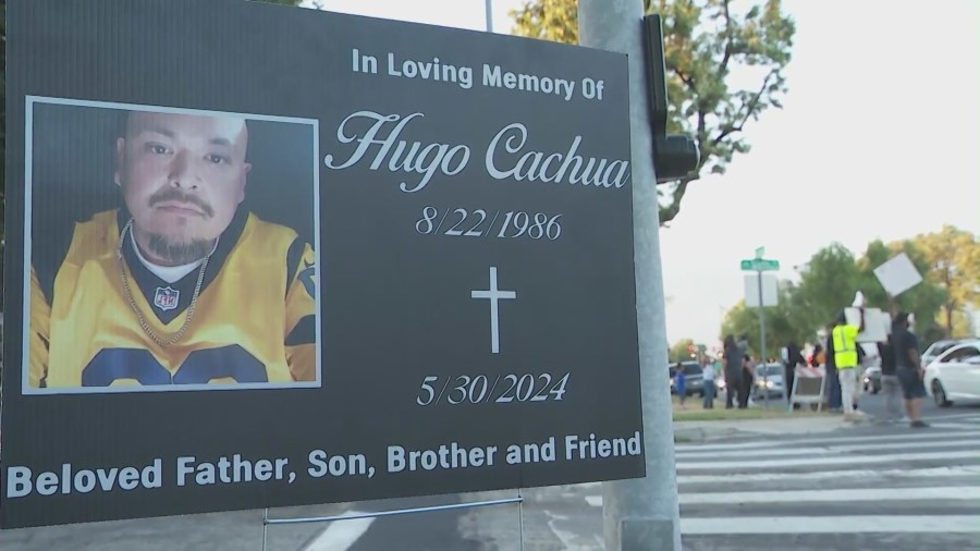 Family and friends held a protest outside Los Angeles City Hall on Oct. 22, 2024., calling for justice in Hugo Cachua's death. (KTLA)