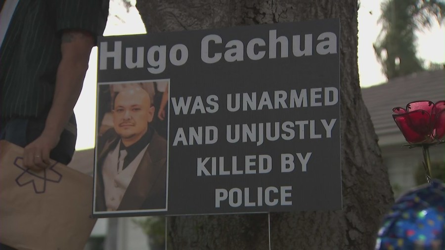 Family and friends held a protest outside Los Angeles City Hall on Oct. 22, 2024., calling for justice in Hugo Cachua's death. (KTLA)
