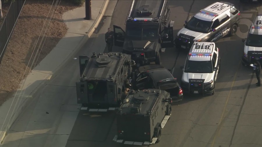 The suspect was boxed in by SWAT team vehicles and taken into custody after an hours-long standoff in El Segundo on Oct. 15, 2024. (KTLA)
