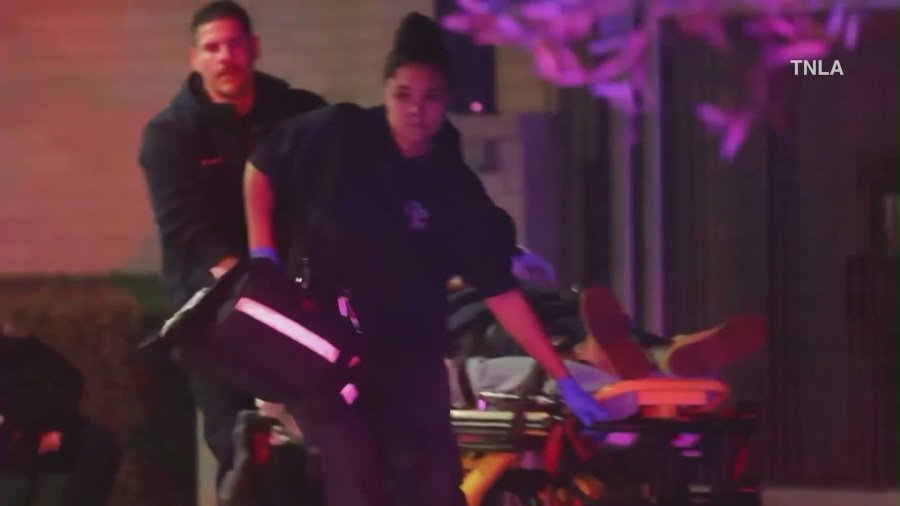 The female victim was placed on a gurney and rushed to the hospital in critical condition after being shot at Santa Monica College on Oct. 14, 2024. (TNLA)