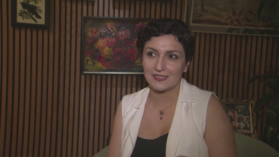 Marsa Taheri, a mother of two, a cancer patient sits down with KTLA ahead of her set at as part of The Storyectomy End Cancer program at The Crow Comedy Club. (KTLA)