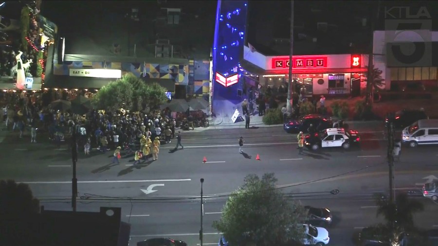 A large crowd of fans watched Game 5 of the World Series outside 33 Taps Sports Bar in Silver Lake on Oct. 30, 2024. (KTLA)
