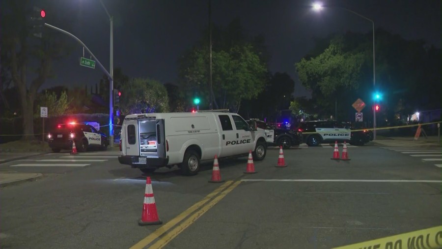 Police investigate a fatal shooting in Ontario on May 30, 2024. (KTLA)