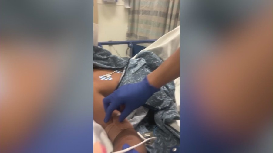 Sandra Aguilar shares an image of her 8th grade son being treated for injuries after a stabbing at a Rialto middle school on Oct. 11, 2024.