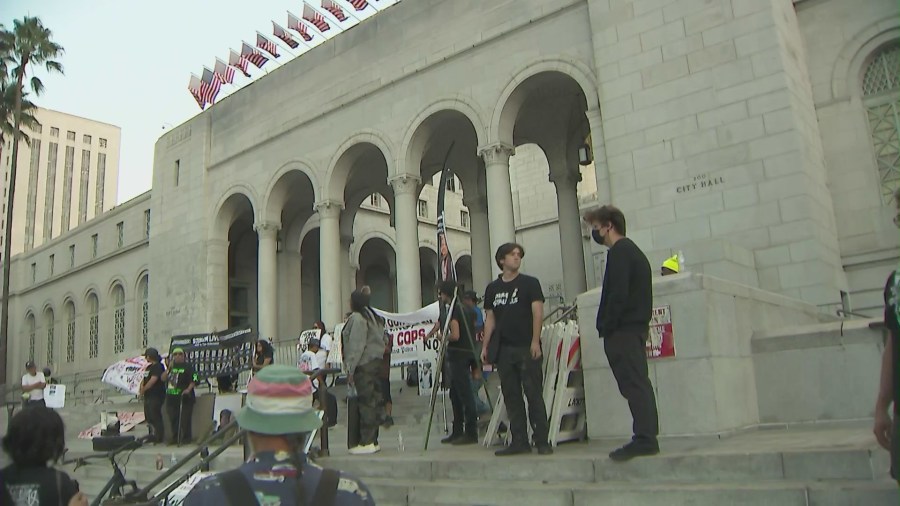 Family and friends held a protest outside Los Angeles City Hall on Oct. 22, 2024., calling for justice in Hugo Cachua's death. (KTLA)