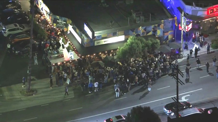 A large crowd of fans watched Game 5 of the World Series outside 33 Taps Sports Bar in Silver Lake on Oct. 30, 2024. (KTLA)