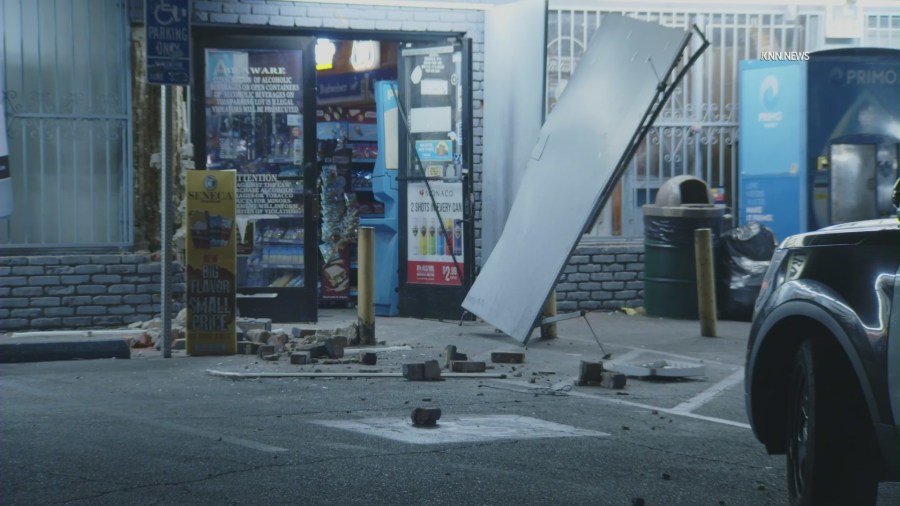 The destruction left behind after ATM thieves smashed their way into Village Market & Liquor. (KNN)