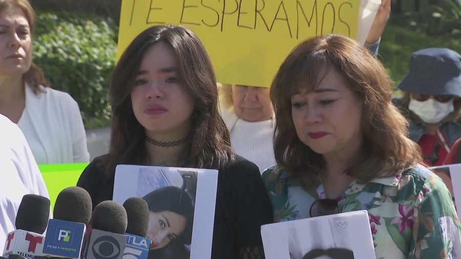 The missing woman's daughter and mother, along with friends and family, held a press conference in Downey on Oct. 10, 2024, asking authorities for more resources to find Adriana Rodriguez. (KTLA)