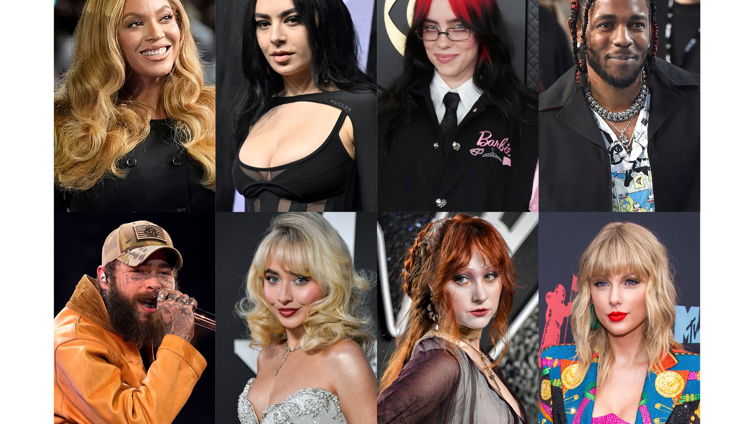 This combination of photos shows top Grammy Awards nominees, top row from left, Beyonce, Charli XCX, Billie Eilish, Kendrick Lamar, bottom row from left, Post Malone, Sabrina Carpenter, Chappell Roan and Taylor Swift. (AP Photo)