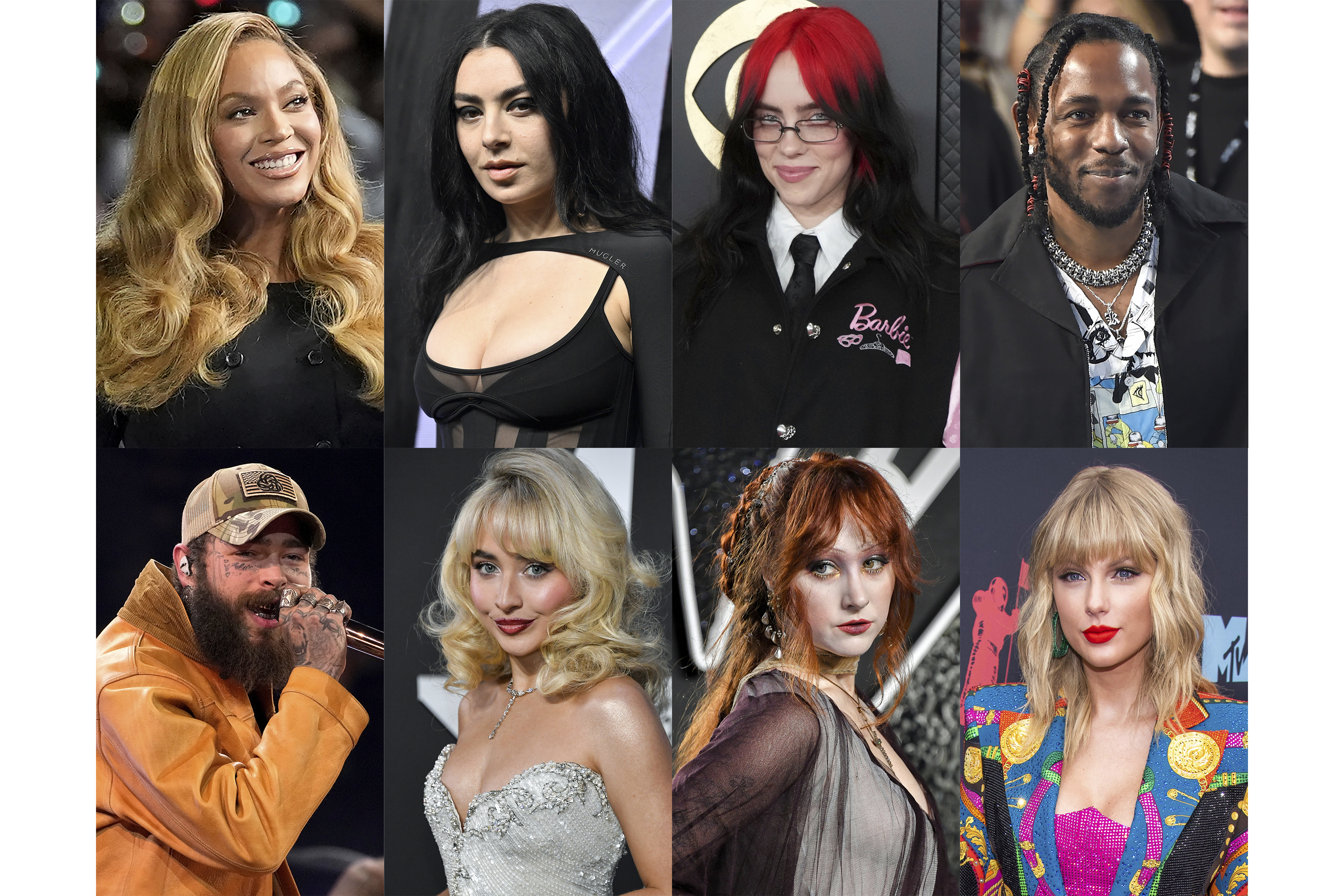 This combination of photos shows top Grammy Awards nominees, top row from left, Beyonce, Charli XCX, Billie Eilish, Kendrick Lamar, bottom row from left, Post Malone, Sabrina Carpenter, Chappell Roan and Taylor Swift. (AP Photo)