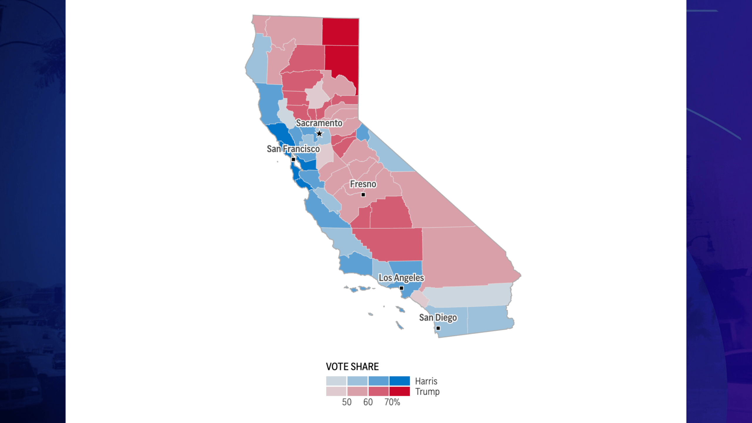 Map showing how each county in California voted in the 2024 presidential election