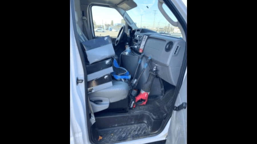 A collection of burglary tools and stolen goods was discovered inside a pickup truck during a theft bust in Anaheim on Nov. 22, 2024. (California Highway Patrol)