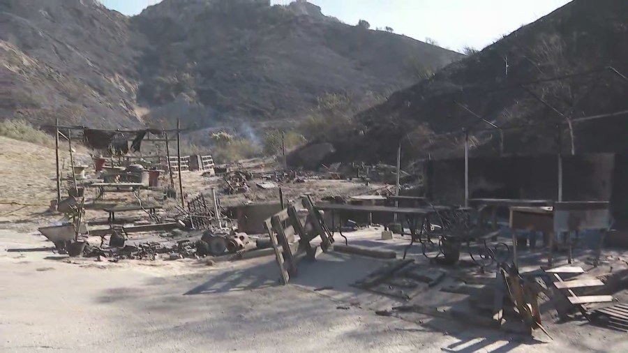A 100-year-old home in Santa Paula was destroyed in the Mountain Fire on Nov. 6, 2024. The house, which was once a spot where weddings were held, was reduced to rubble in the 20,000-acre blaze. (KTLA)