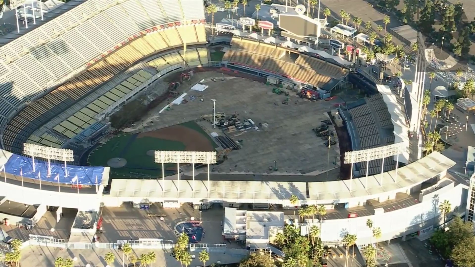 Video from Sky5 shows work being done on the team clubhouses at Dodger Stadium on Nov. 11, 2024. (KTLA)