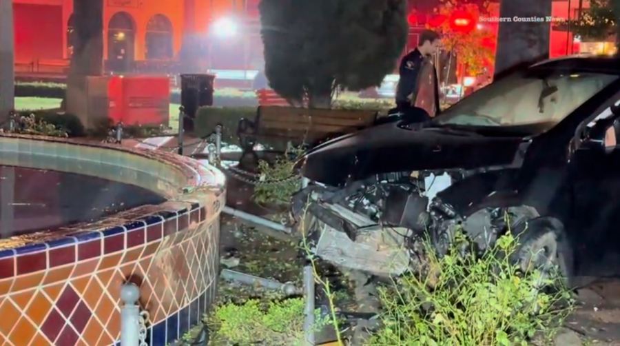 A speeding driver crashed into the historic Plaza Park fountain in Orange on Nov. 24, 2024. (Southern Counties News)