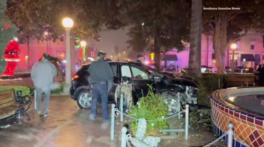 A speeding driver crashed into the historic Plaza Park fountain in Orange on Nov. 24, 2024. (Southern Counties News)