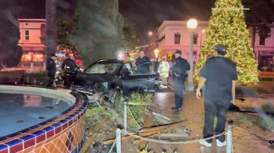 A speeding driver crashed into the historic Plaza Park fountain in Orange on Nov. 24, 2024. (Southern Counties News)