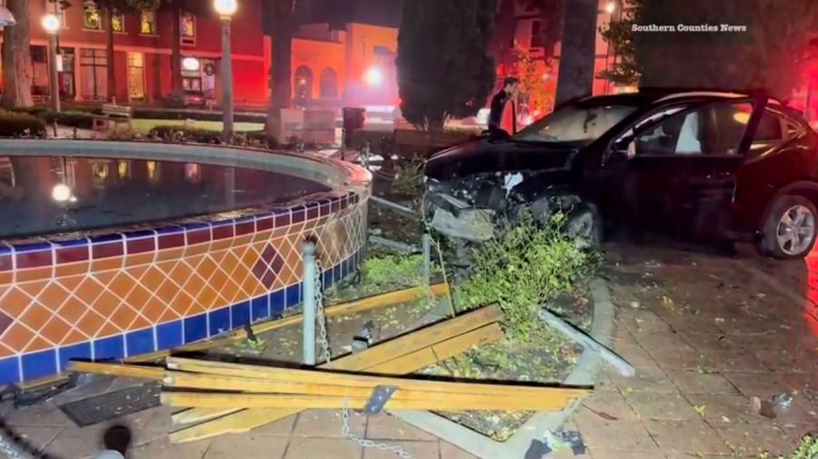 A speeding driver crashed into the historic Plaza Park fountain in Orange on Nov. 24, 2024. (Southern Counties News)