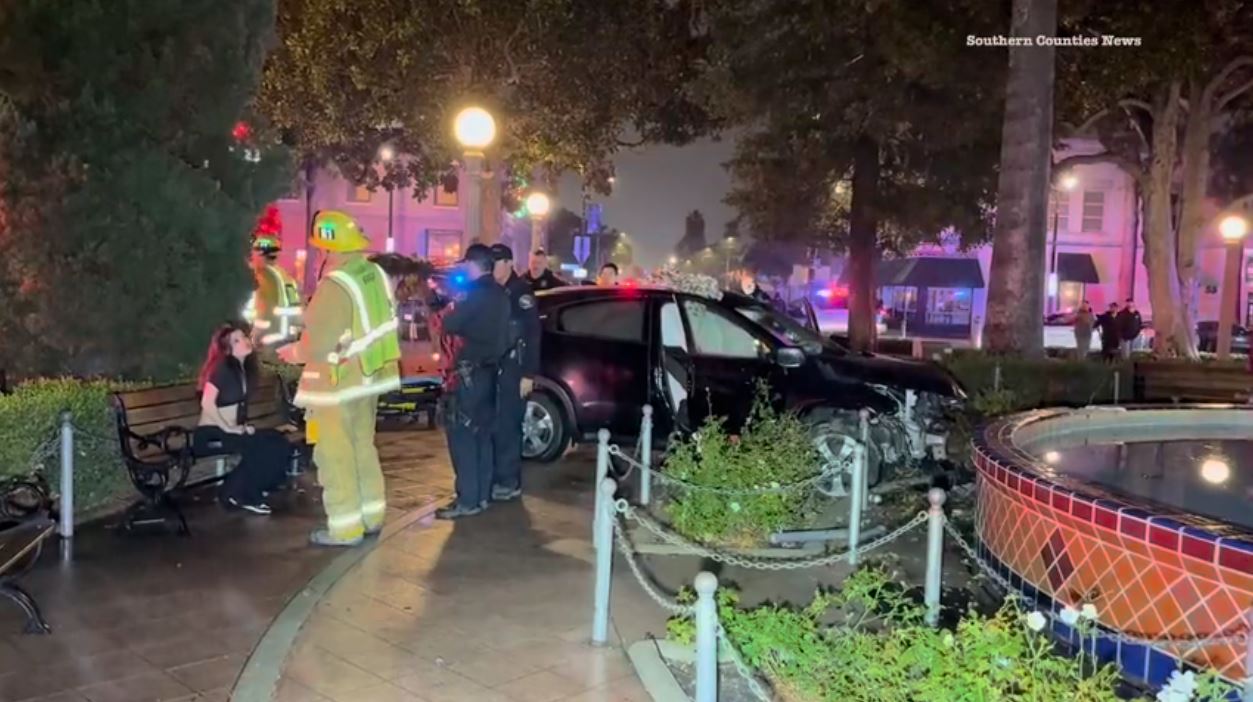 A speeding driver crashed into the historic Plaza Park fountain in Orange on Nov. 24, 2024. (Southern Counties News)