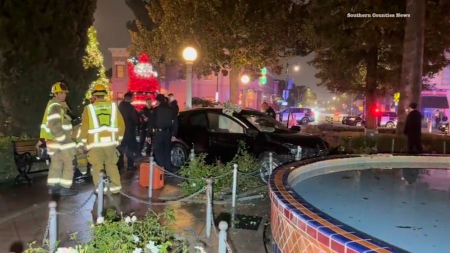 A speeding driver crashed into the historic Plaza Park fountain in Orange on Nov. 24, 2024. (Southern Counties News)