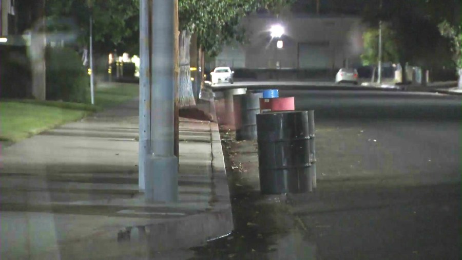 Large, 60-gallon barrels filled with water were inexplicably placed on streets across the West San Fernando Valley area in a possible attempt to prevent homeless encampments and long-term RV parking. (KTLA)