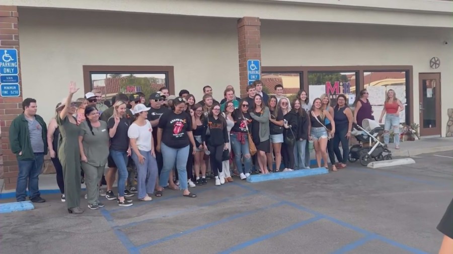 Friends, family and community members gathered at The Mill Restaurant in Murrieta to honor Adam Bouvet. (KTLA)
