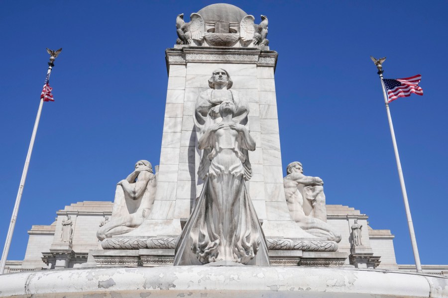 FILE - American flags fly at Union Station, March 8, 2023, in Washington. (AP Photo/Mariam Zuhaib, File)
