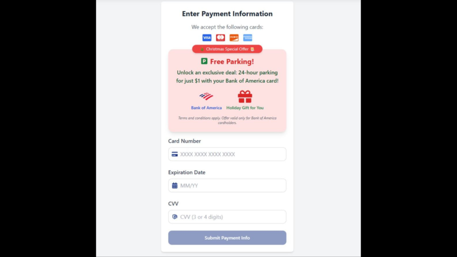 Photo of an fradulent online payment page when scanning the fake QR codes placed on parking kiosks and meters around downtown Riverside. (City of Riverside)