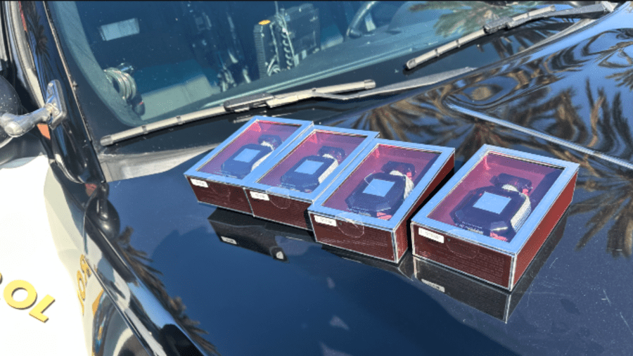 A collection of stolen merchandise was found during a statewide retail theft crackdown including clothing, shoes, fragrances and more. (California Highway Patrol)