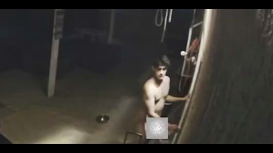 A naked male intruder is seen lurking in the backyard of a Moreno Valley home on Dec. 10, 2024. (@morenovalleymatters)