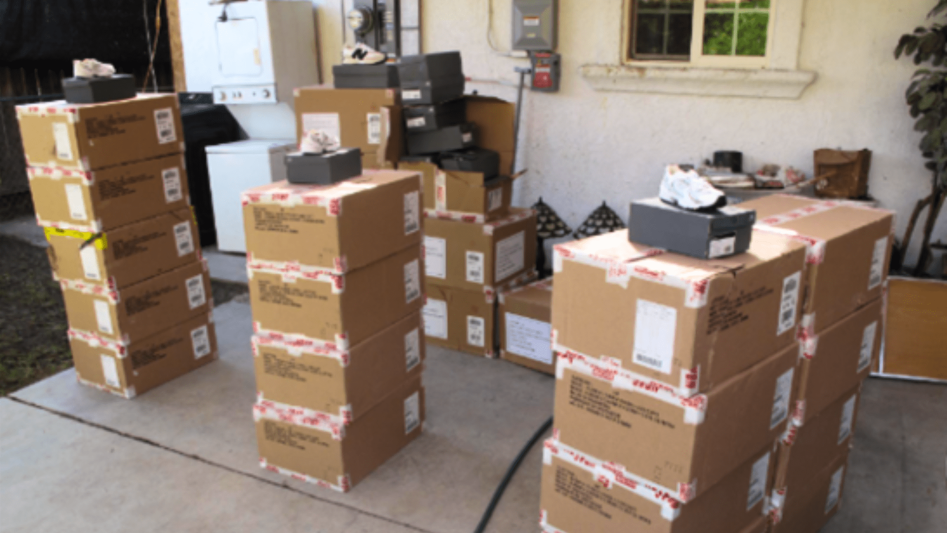 A photo showing the storage of thousands of dollars worth of stolen sneakers and other retail merchandise that was taken from cargo trains in Riverside County. (Riverside County Sheriff's Office)
