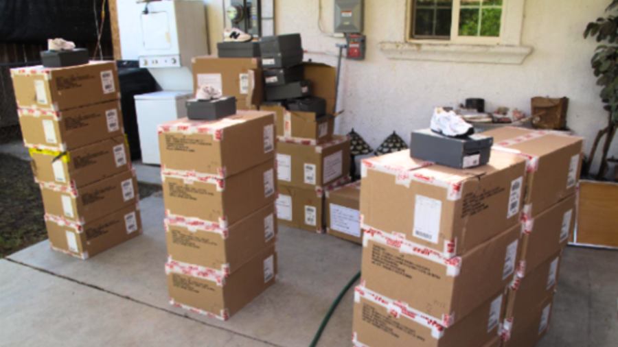 A photo showing the storage of thousands of dollars worth of stolen sneakers and other retail merchandise that was taken from cargo trains in Riverside County. (Riverside County Sheriff's Office)