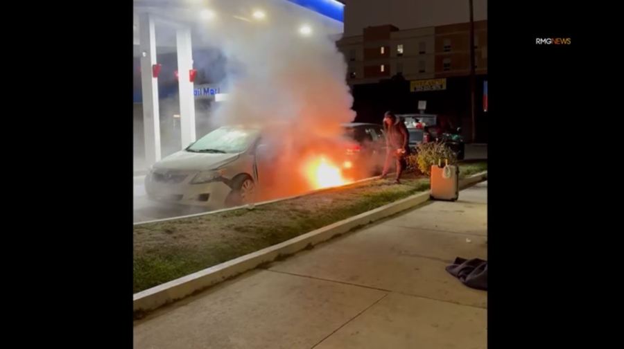 A woman was arrested after she was caught on camera setting fire to a car at a Hollywood gas station on Dec. 27, 2024. (RMG)