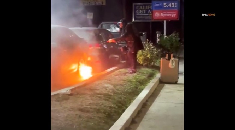 A woman was arrested after she was caught on camera setting fire to a car at a Hollywood gas station on Dec. 27, 2024. (RMG)