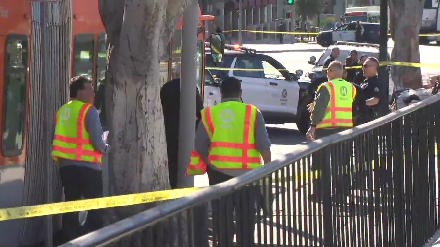 L.A. Metro officials and police on the scene of the shooting East Hollywood on Nov. 16, 2024. (KTLA)