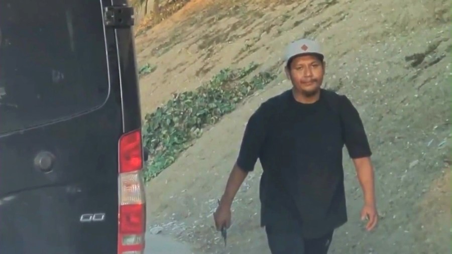 Images of the male suspect slashing the tires of a Tesla Cybertruck  were captured by the vehicle's cameras in Echo Park on Nov. 28, 2024. (Frank Ogwaro)