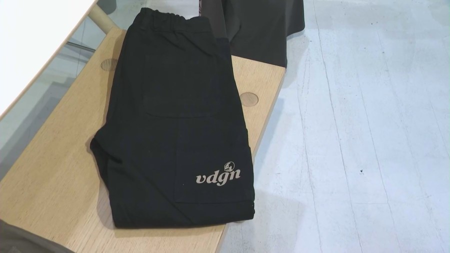 Pants from Vardagen's new "Wanted" collection featuring a caricature of a male shoplifting suspect that targeted the store. (KTLA)