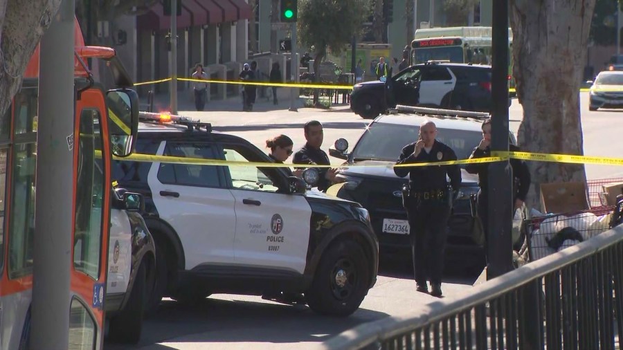 L.A. Metro officials and police on the scene of the shooting East Hollywood on Nov. 16, 2024. (KTLA)