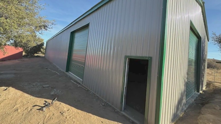 The metal stash house where over $100 million worth of suspected illegal marijuana was found in Oak Hills on Dec. 9, 2024. (KTLA)