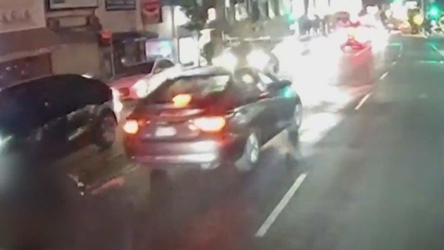 The suspect's gray 2018-2024 Toyota Camry sedan was captured on dashcam video from a passing bus. (Los Angeles Police Department)