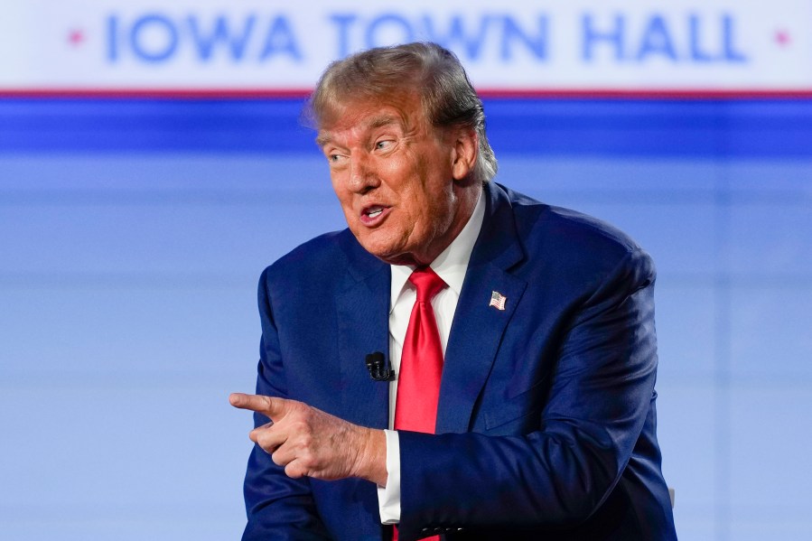 FILE - Republican presidential candidate former President Donald Trump speaks during a Fox News Channel town hall in Des Moines, Iowa, Jan. 10, 2024. (AP Photo/Carolyn Kaster, File)