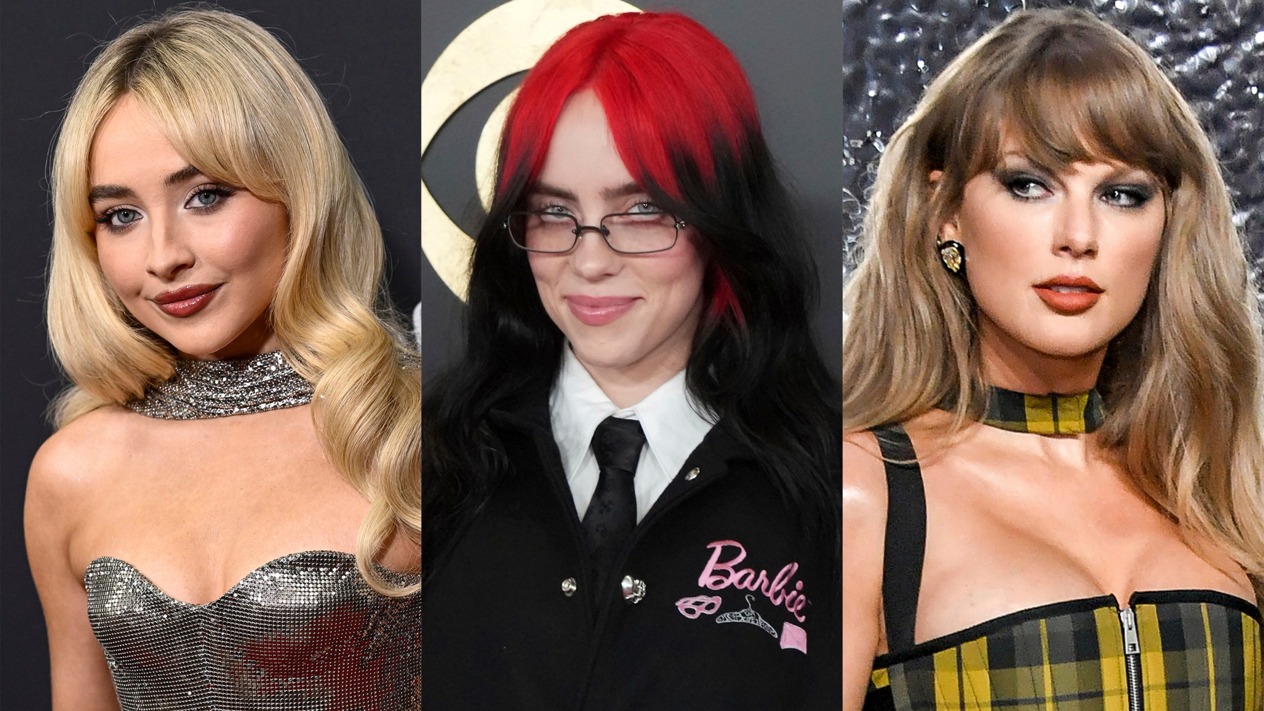 Sabrina Carpenter appears at the Time100 Next event in New York on Oct. 9, 2024, left, Billie Eilish appears at the 66th annual Grammy Awards in Los Angeles on Feb. 4, 2024, center, and Taylor Swift appears at the MTV Video Music Awards in Elmont, N.Y., on Sept. 11, 2024. (AP Photo)