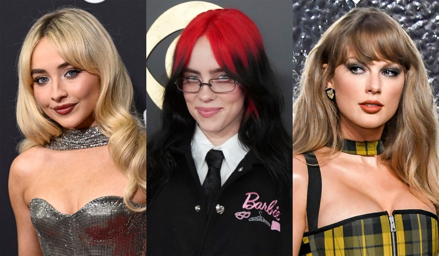 Sabrina Carpenter appears at the Time100 Next event in New York on Oct. 9, 2024, left, Billie Eilish appears at the 66th annual Grammy Awards in Los Angeles on Feb. 4, 2024, center, and Taylor Swift appears at the MTV Video Music Awards in Elmont, N.Y., on Sept. 11, 2024. (AP Photo)
