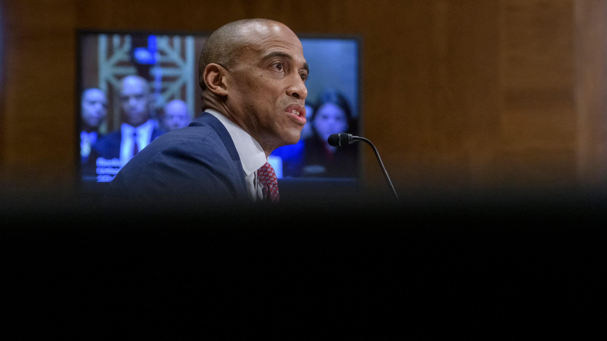 Eric Scott Turner, President-elect Donald Trump's nominee to be Secretary of Housing testifies at a Senate Committee on Banking, Housing, and Urban Affairs hearing for his pending confirmation on Capitol Hill, Thursday, Jan. 16, 2025, in Washington. (AP Photo/Rod Lamkey, Jr.)