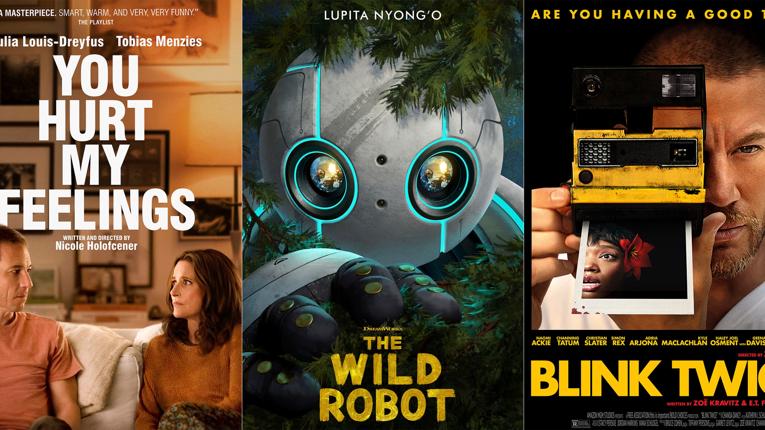 This combination of images shows promotional art for the films "You Hurt My Feelings," from left, "The Wild Robot," and "Blink Twice. (A24/DreamWorks/Amazon-MGM via AP)